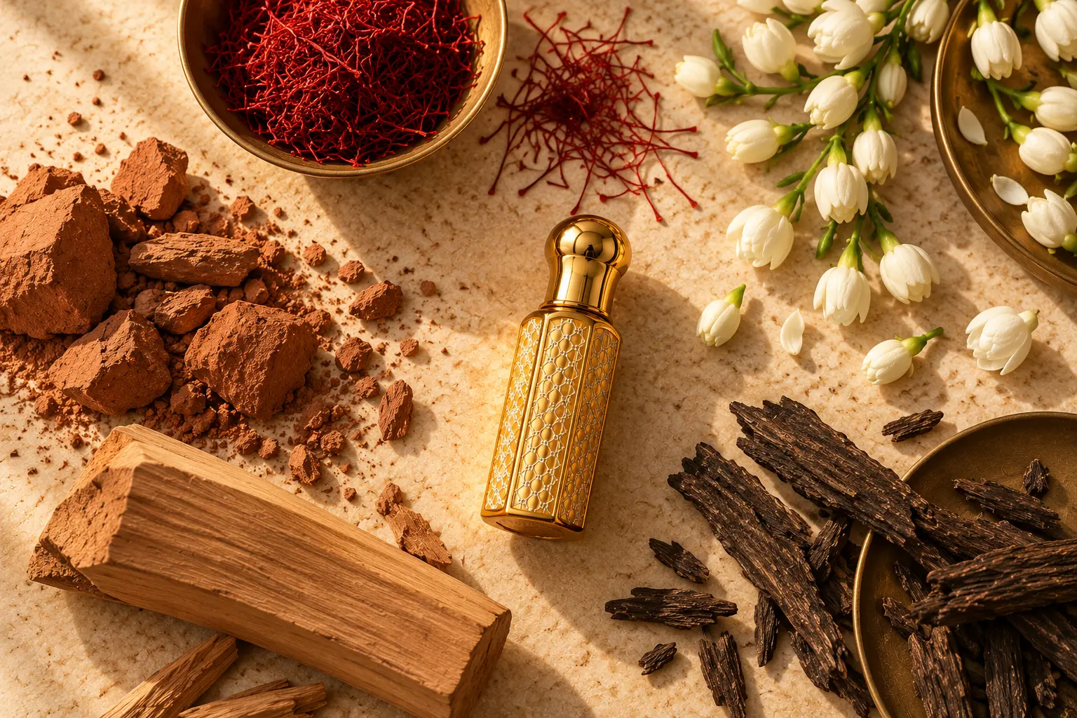 Clay, saffron, mogra, sandalwood and agarwood around a gold flacon