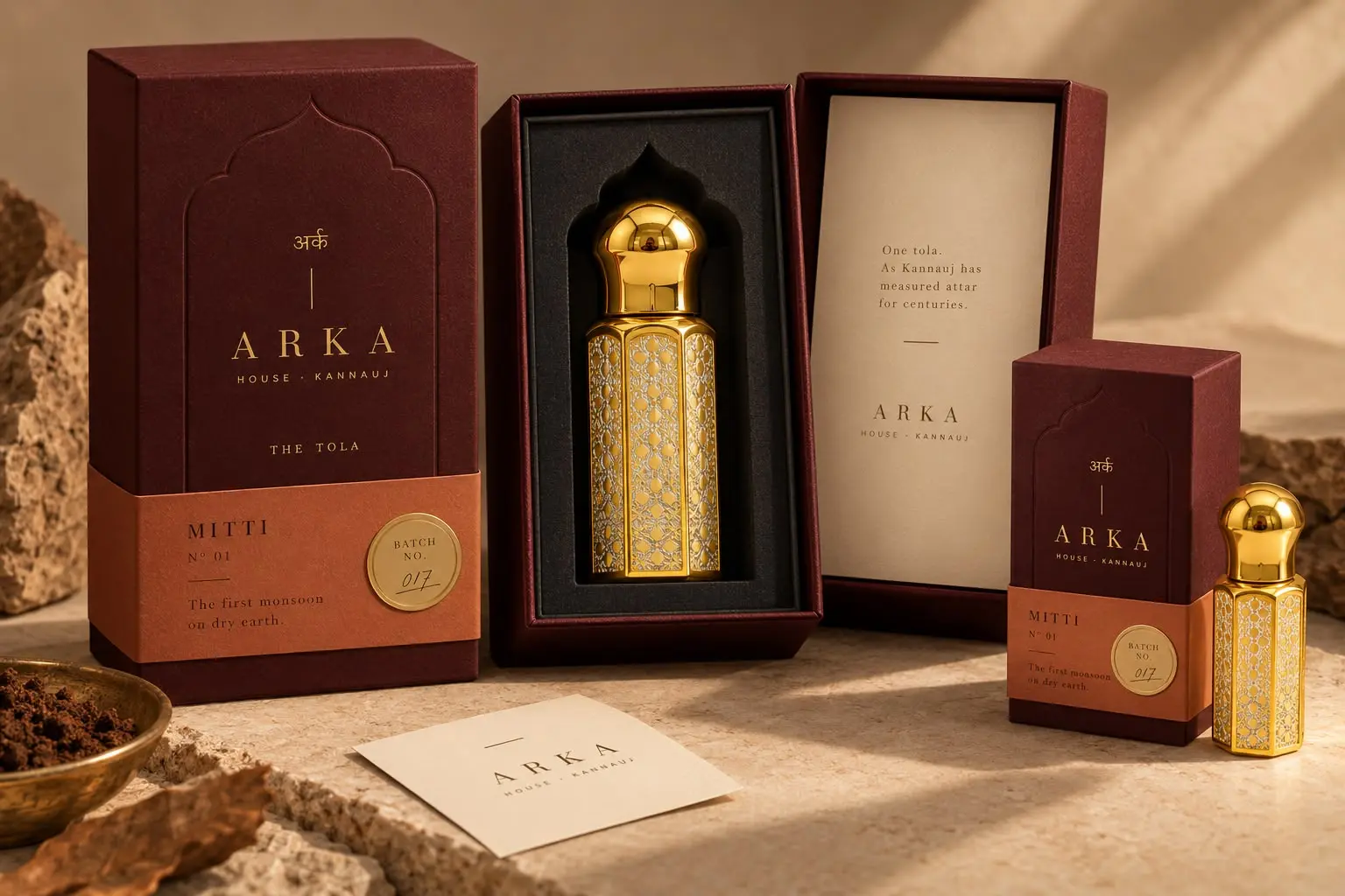 The Tola, a 12 ml Mitti flacon in its tall box, beside the 6 ml size